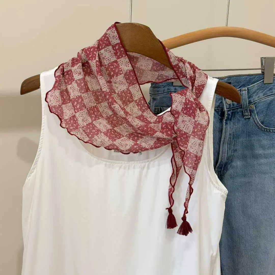 Lightweight Floral Plaid Tassel Triangle Scarf