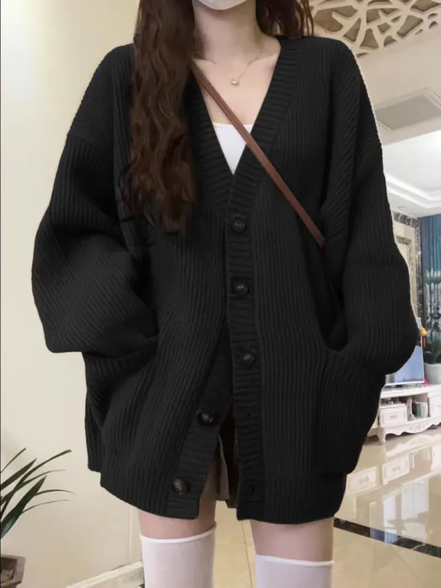 Sweater Coat Women's Loose Outer Wear Knitted Cardigan Black - Shop at LoveMi