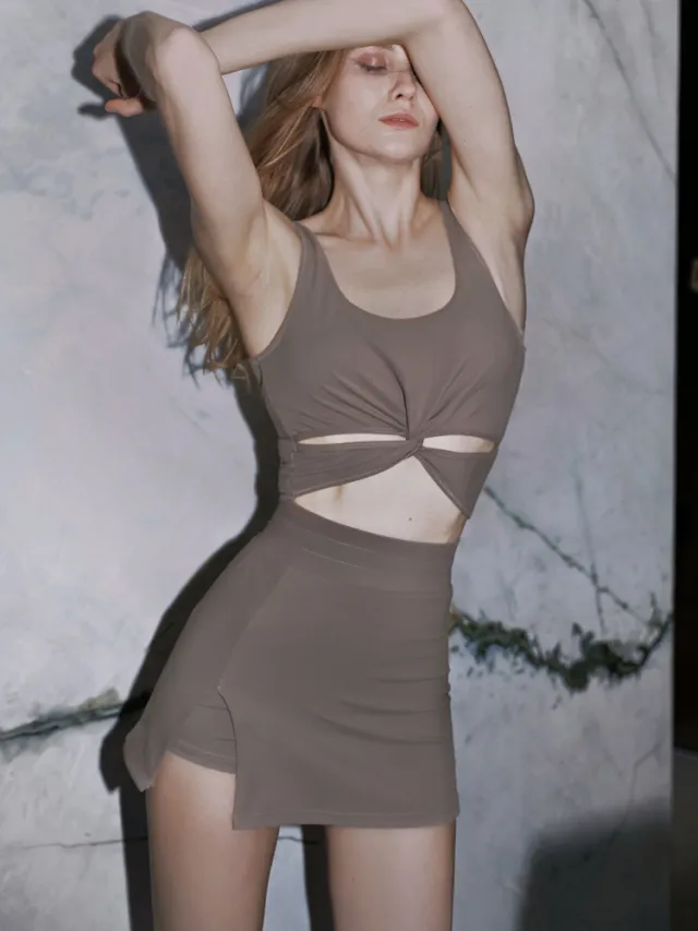 Yoga Clothes Sports Suit Women's U shaped Backless Bra Sports Short Pantskirt Latte Top - Shop at LoveMi