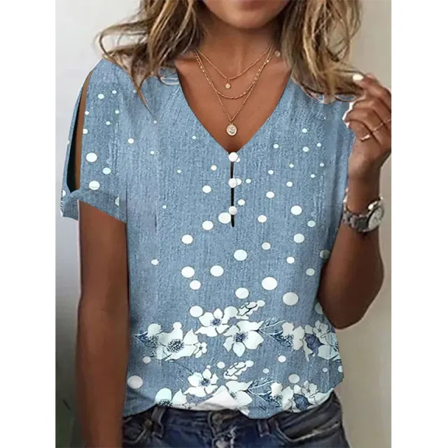 Summer Ethnic Style Printed Short sleeved Top Women's T shirt Light Blue - Shop at LoveMi