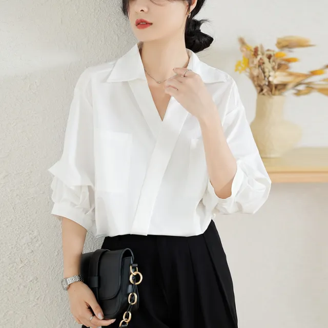 French Style Three quarter Sleeve Loose Thin Lapel Shirt Milky White - Shop at LoveMi