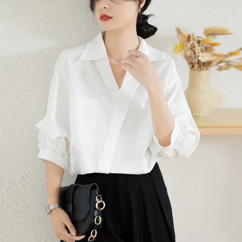 French Style Three-quarter Sleeve Loose Thin Lapel Shirt - Milky White