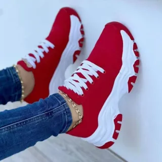 Round Head Thick Bottom Low-top Casual Shoes For Women Plus Size Lace Up Pumps - Red
