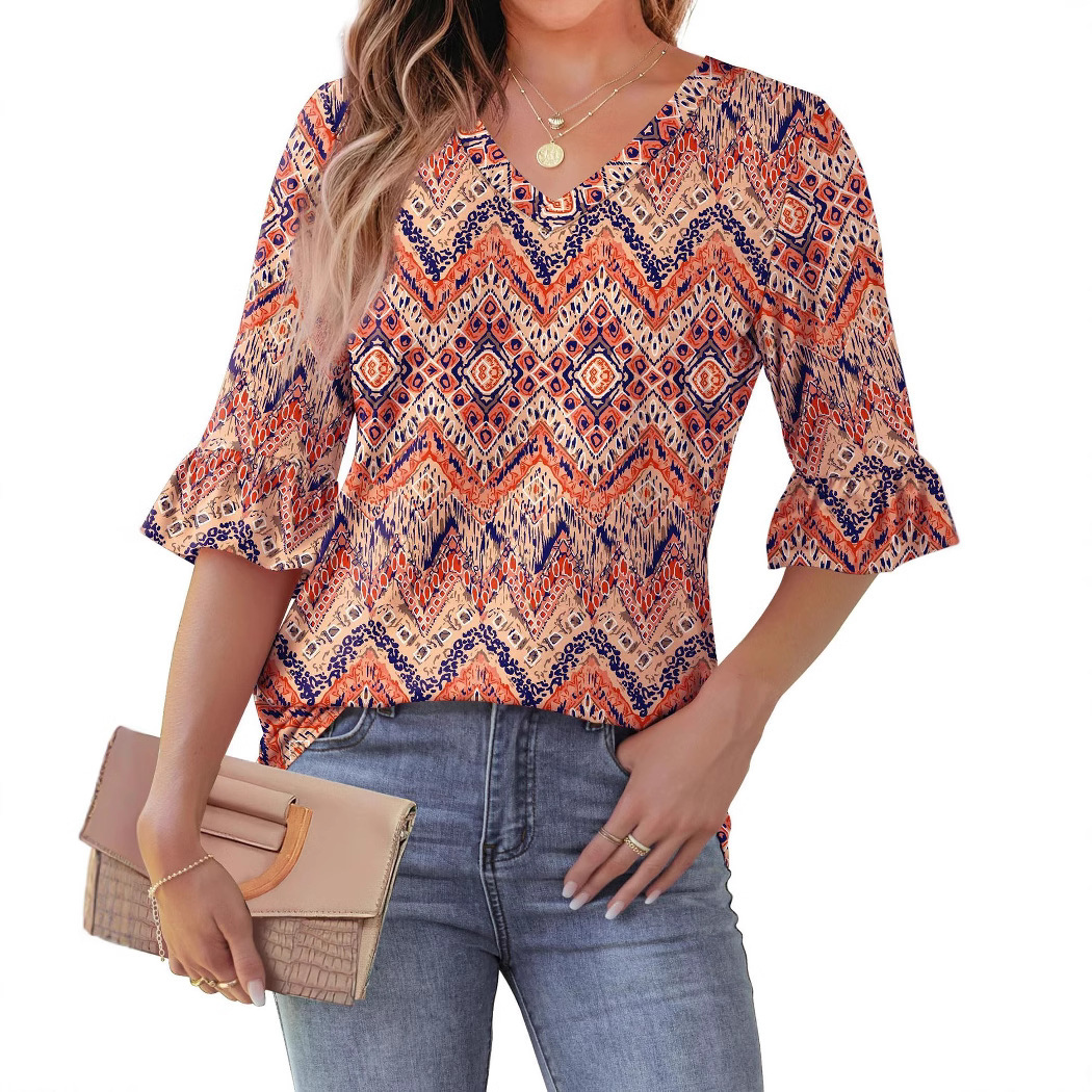 Printed Shirt V-neck Floral Flared Half Sleeve Top