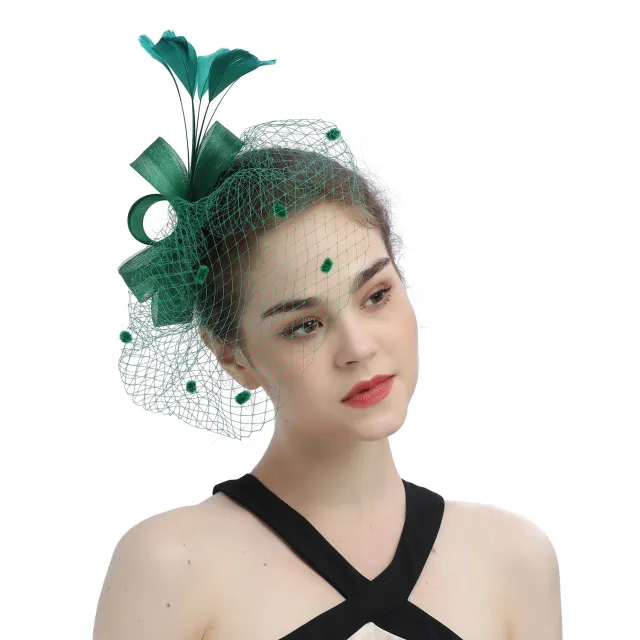 Bride Veil Hair Bow Top Hat Headdress Flower Cover Face Mesh Head Dark Green - Shop at LoveMi