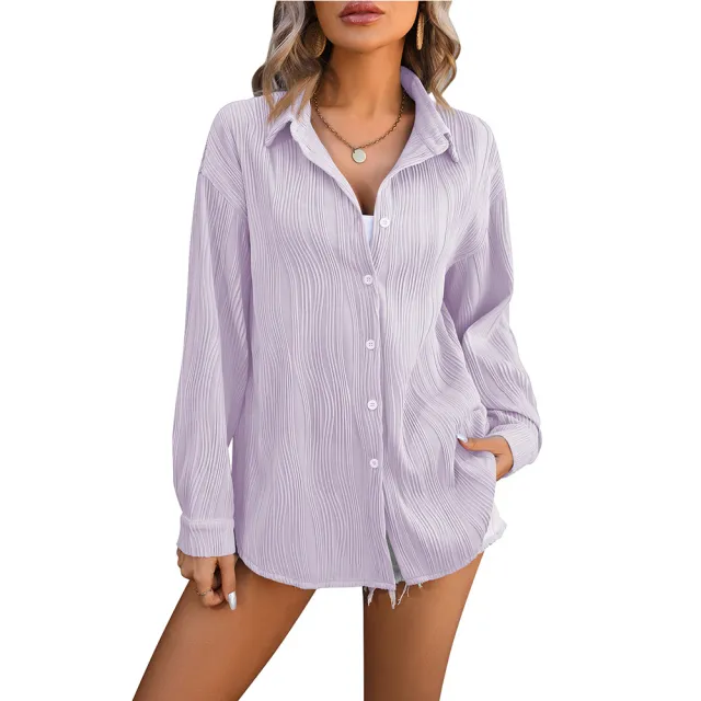 European And American Wave Texture Loose Fashion Shirt Light Purple - Shop at LoveMi