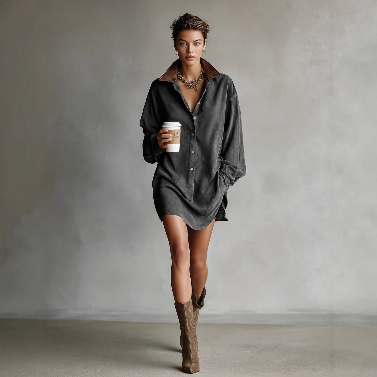 Women's Retro Loose Fit French Style Shirt Dress Dark Gray - Shop at LoveMi