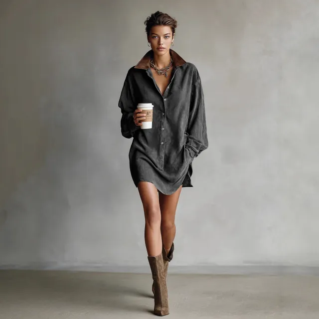 Women's Retro Loose Fit French Style Shirt Dress Dark Gray - Shop at LoveMi