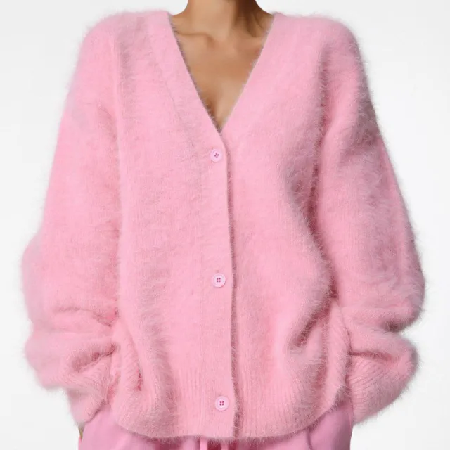 Mink Velvet V neck Knitted Sweater Women's Loose Solid Color Pink - Shop at LoveMi
