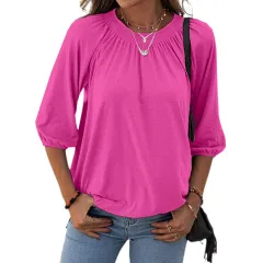 Women's Autumn Temperament Pullover Round Neck Loose Three-quarter-length-sleeved T-shirt - Rose - View 1
