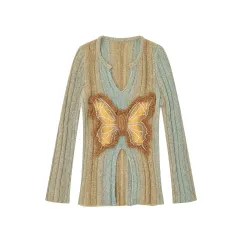Butterfly Affixed Cloth Embroidered Spring And Autumn V-neck Sweater - View 1