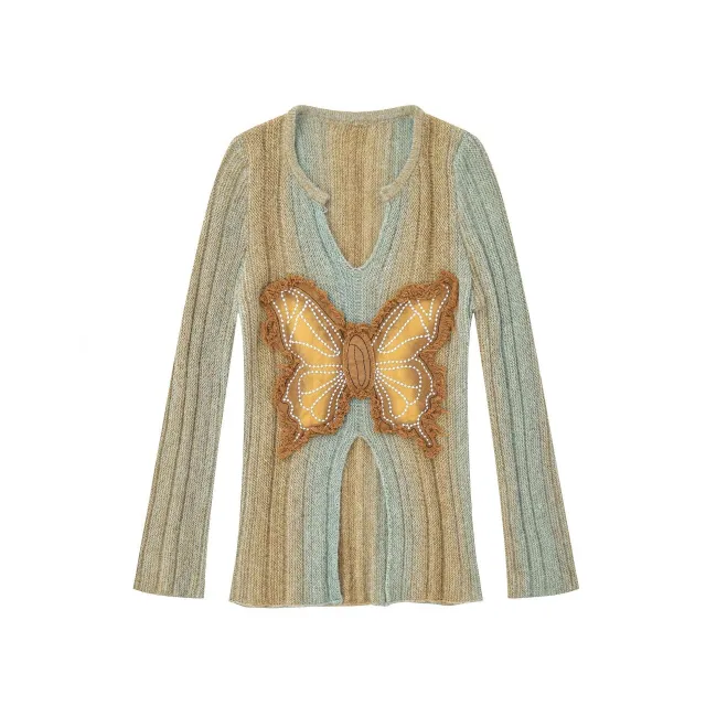 Butterfly Affixed Cloth Embroidered Spring And Autumn V neck Sweater - Shop at LoveMi
