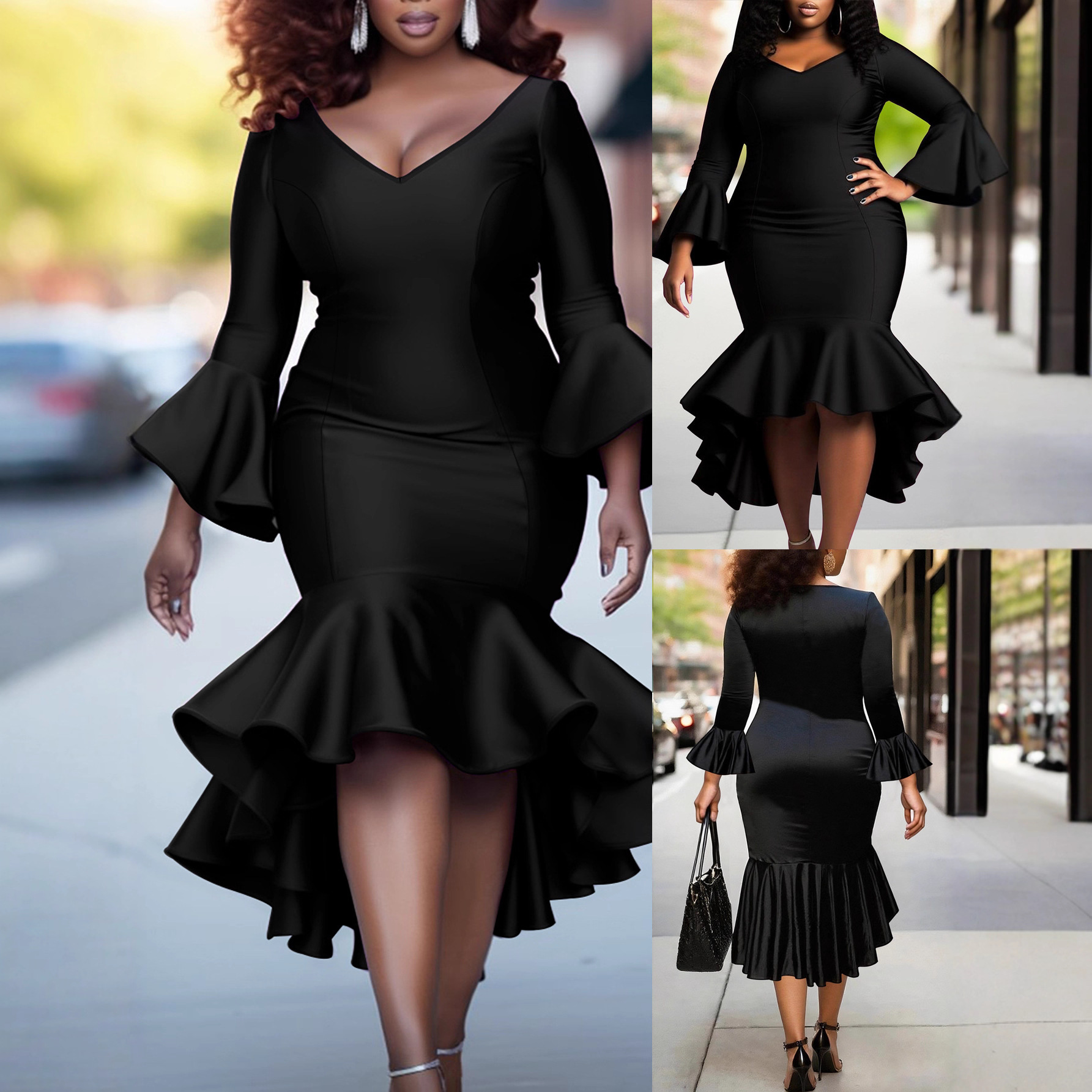 Womens Flared Sleeve Long-Sleeve V-Neck Plus-Size Dress