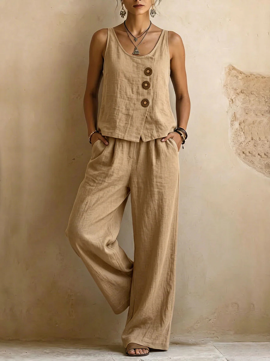 Women's linen tank top and pants two-piece set – all four color options display