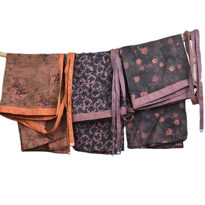 Retro High Waist Printing Crafts Linen Wrap Tie-shoulder Floral Skirt