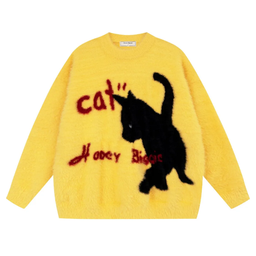 Lazy Cat Mink-like Thickened Loose Round Neck Sweater - Yellow