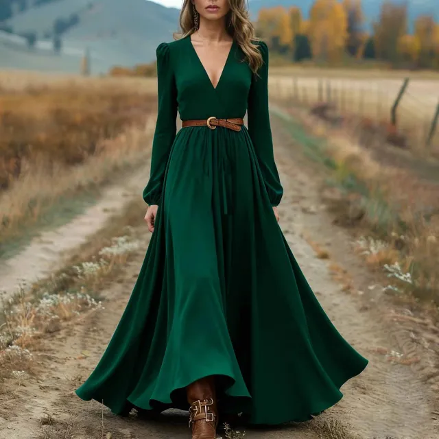 Elegant Western Style Cross Collar Long Sleeve Dress Dark Green - Shop at LoveMi