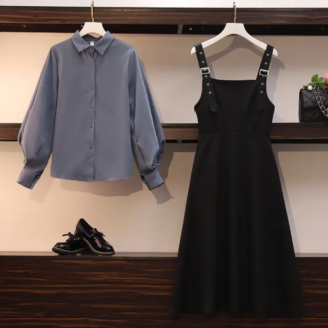 Slim fit Slimming Dress Fashion Shirt Two piece Set Blue Shirt Suspender Skirt - Shop at LoveMi