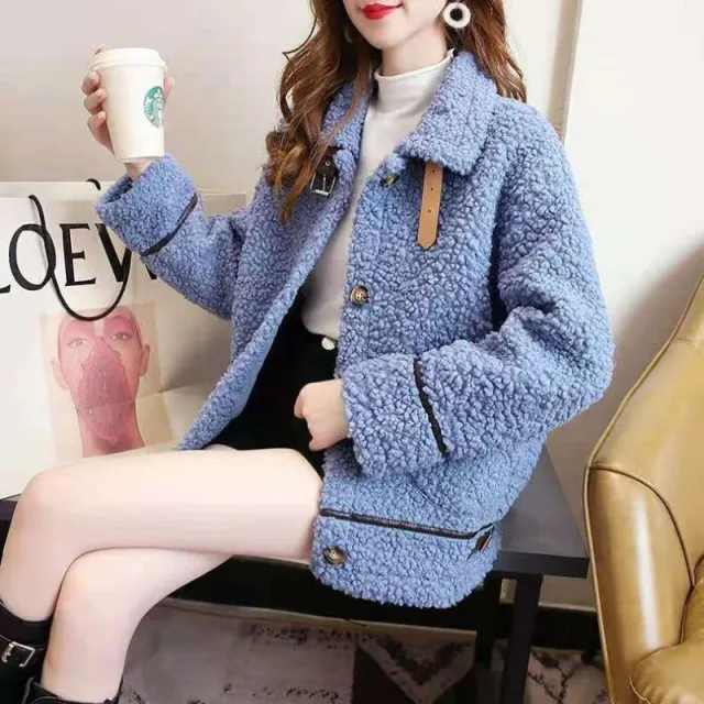 Lamb Wool Coat Women's Long Sleeve Warm Blue - Shop at LoveMi
