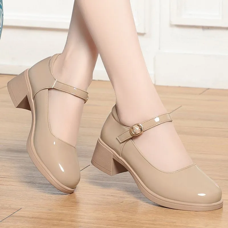 Short Waist Low Cut Small Heel Shoes Mary Jane Leather Shoes - Apricot