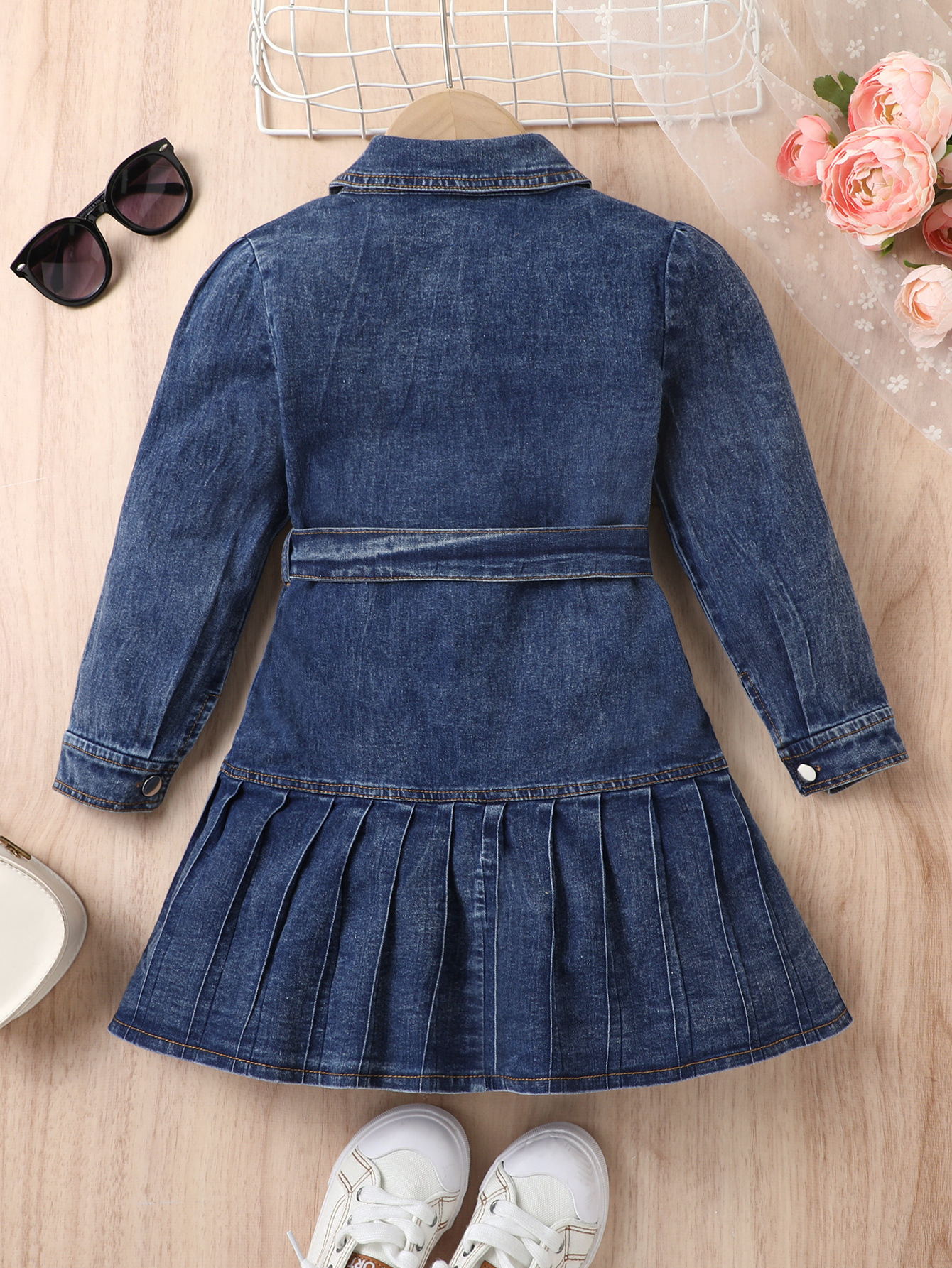 Girls' Pleated Denim Long-sleeved Single-breasted Cardigan Dress With Bow Belt Two-piece Set - Image 8