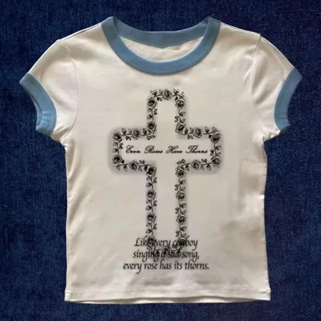 Cross printed Color block Crew neck T shirt With Short Sleeves Blue - Shop at LoveMi