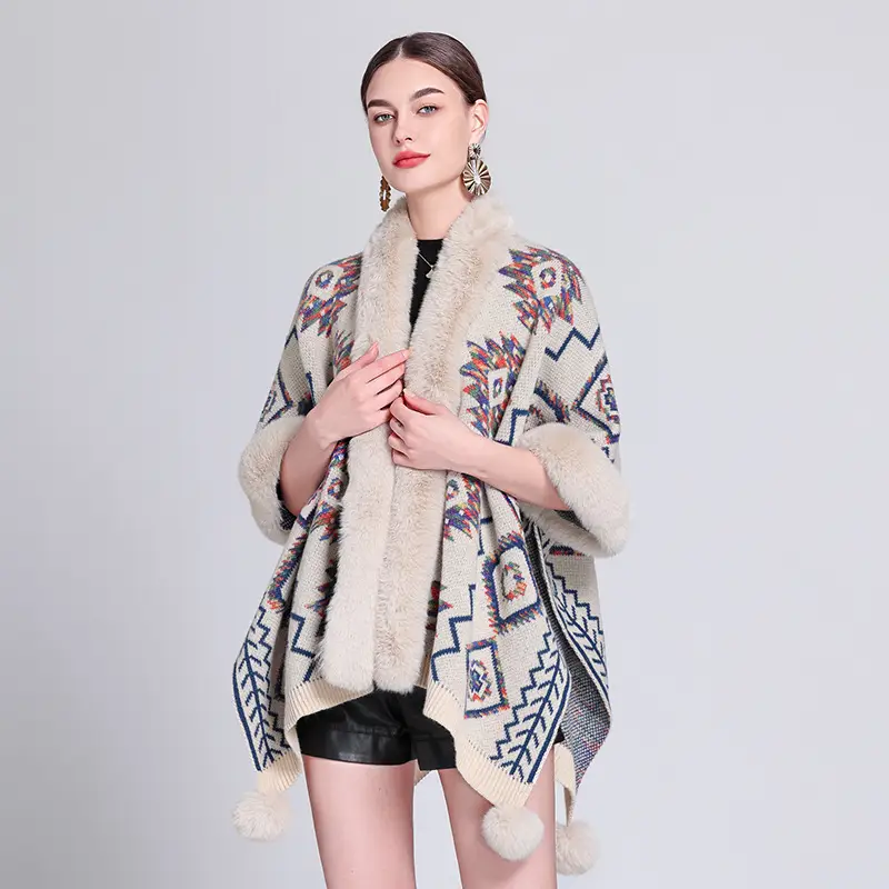 Ethnic Style Fur Ball Shawl Cape Cloak