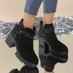 Plus Size Thick Heeled Leopard Print Flannel Bootie Side Zipper Fashion Bootie For Women - Leopard - View 1