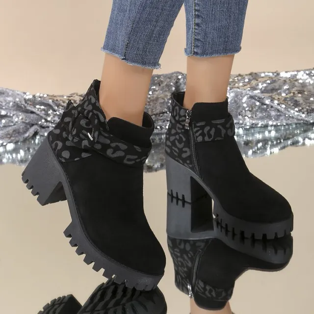 Plus Size Thick Heeled Leopard Print Flannel Bootie Side Zipper Fashion Bootie For Women Leopard - Shop at LoveMi