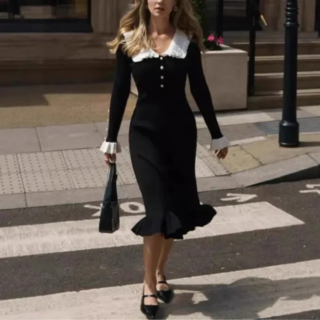 Solid Color Casual French Pleated Knit Dress For Women Black - Shop at LoveMi