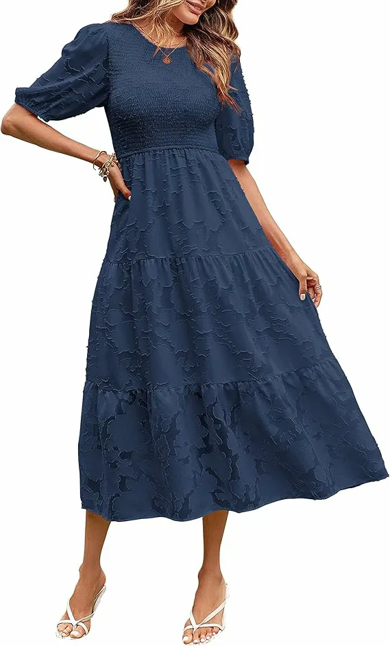 Summer Dress Floral Lace Short Sleeve High Waist Blue - Shop at LoveMi