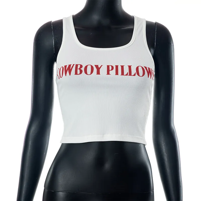 New Letter Printing Skinny Short Tank Top Sleeveless T-shirt Women - White