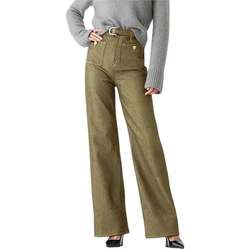 Women's Loose Plus Size Leisure Washed-out Button Wide-leg Pants Skinny - Olive