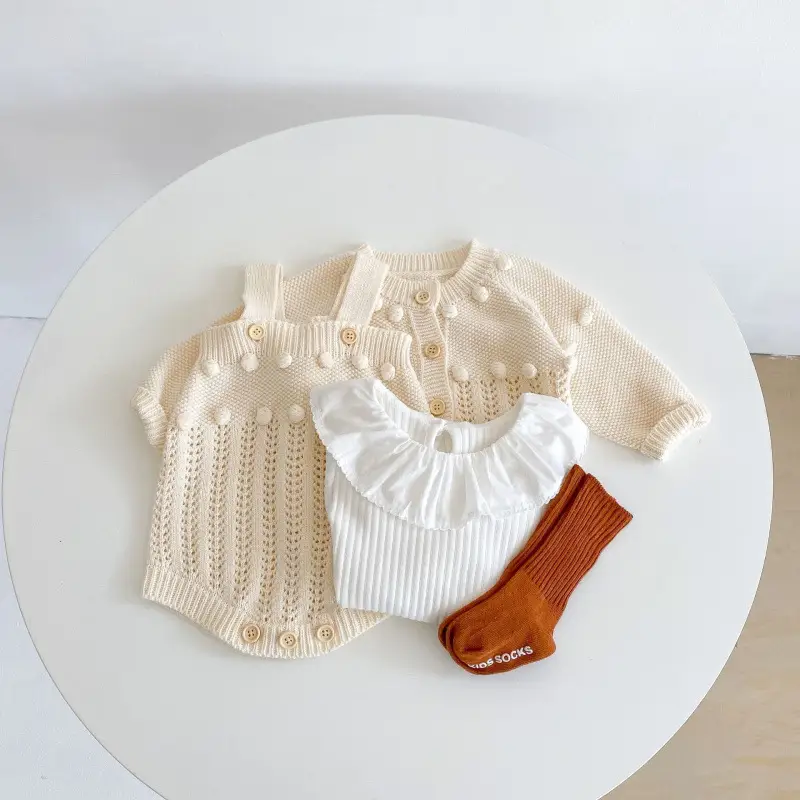 Children's Handmade Ball Cotton Yarn Knitted Cardigan Rompers Jumpsuit Two-piece Set