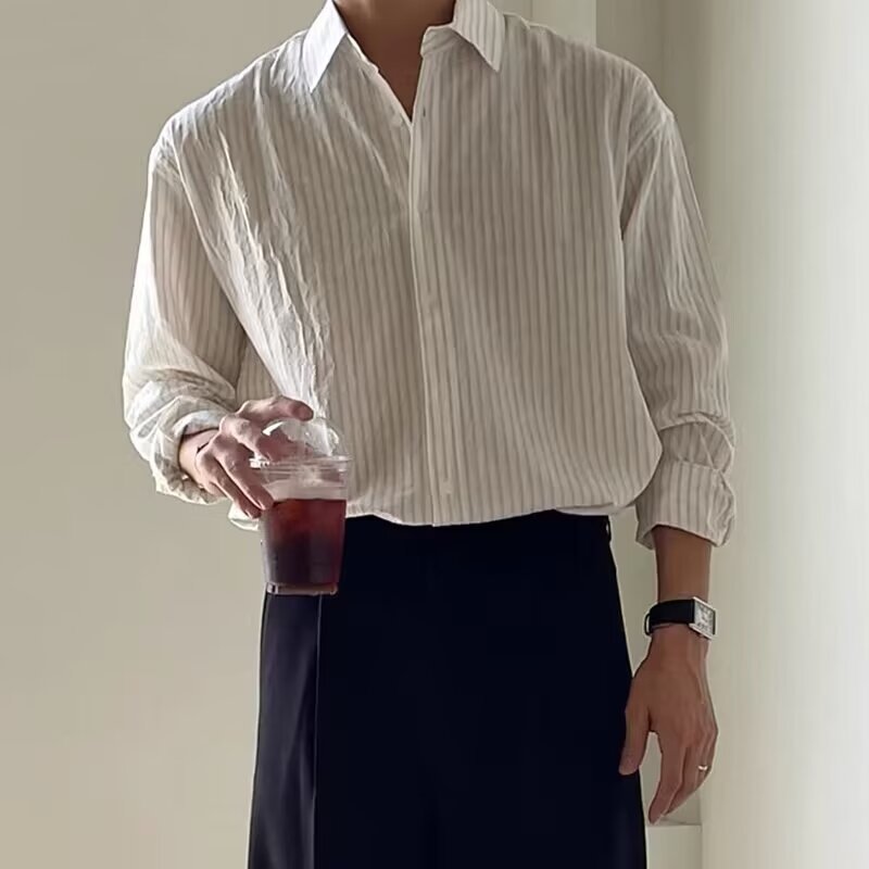 Men's Casual Loose-Fit Long-Sleeve Vertical-Striped Shirt