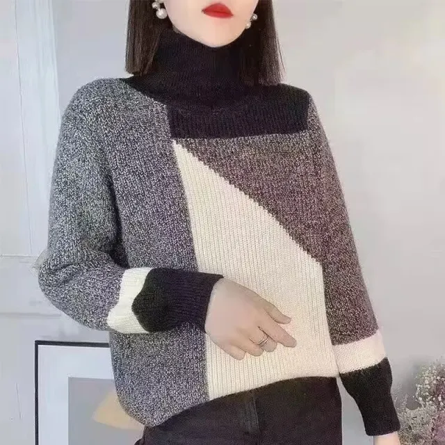 Retro Patchwork Contrast Color Turtleneck Fashionable Sweater White Stitching - Shop at LoveMi