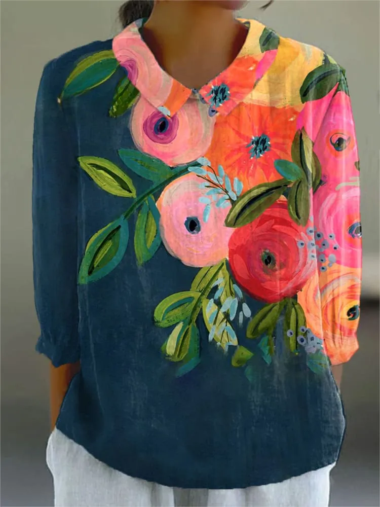 Ladies Flower Fashion Personality Polo Collar Top - 1Style-Xxl