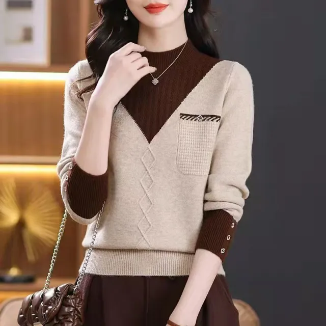 New Thick Sweater Women's Fake Two piece Half Turtleneck Bottoming Top Beige - Shop at LoveMi