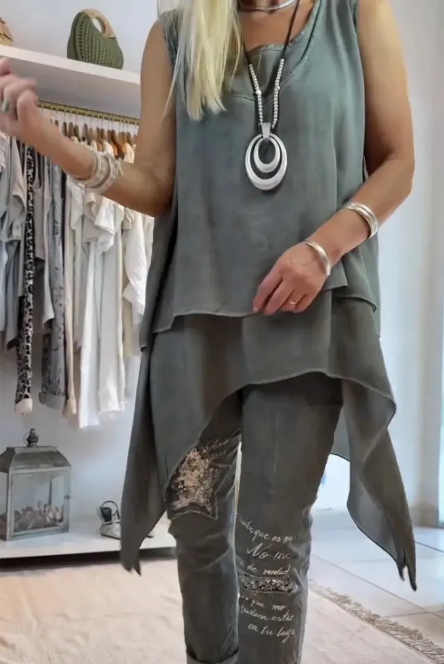 Casual Fashion Tank Top Long Two Piece Set Gray Top Gray Trousers Suit - Shop at LoveMi