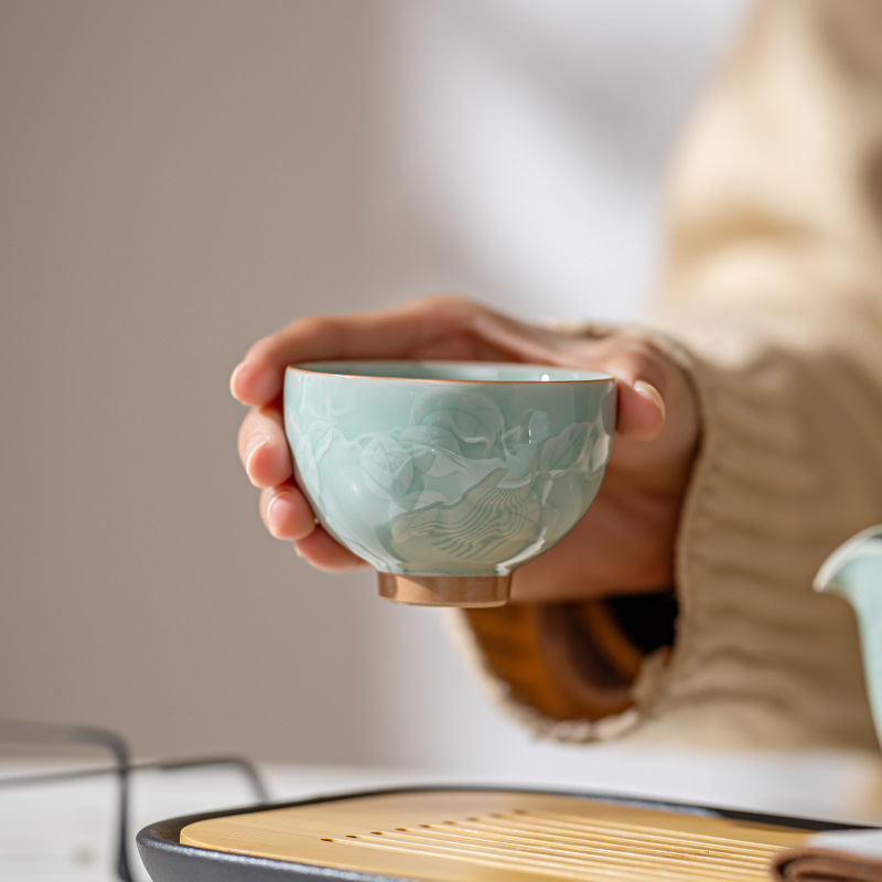 Celadon Relief Ceramic Teapot Sets Outdoor Portable Storage Travel Kung Fu Tea Set