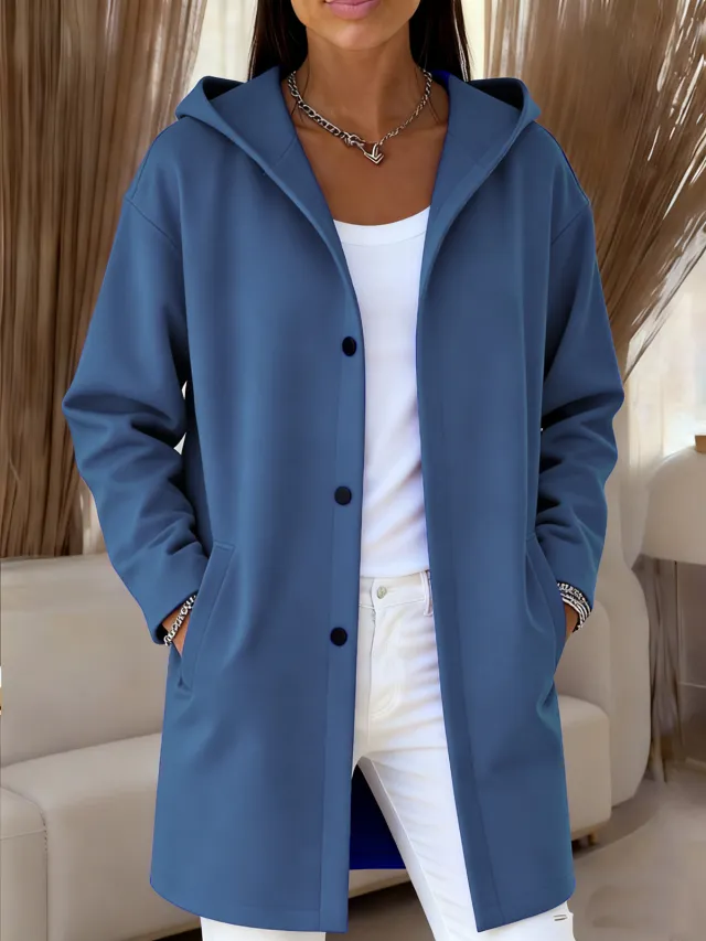 Mid length Women's Solid Color Hooded Button up Coat Navy - Shop at LoveMi