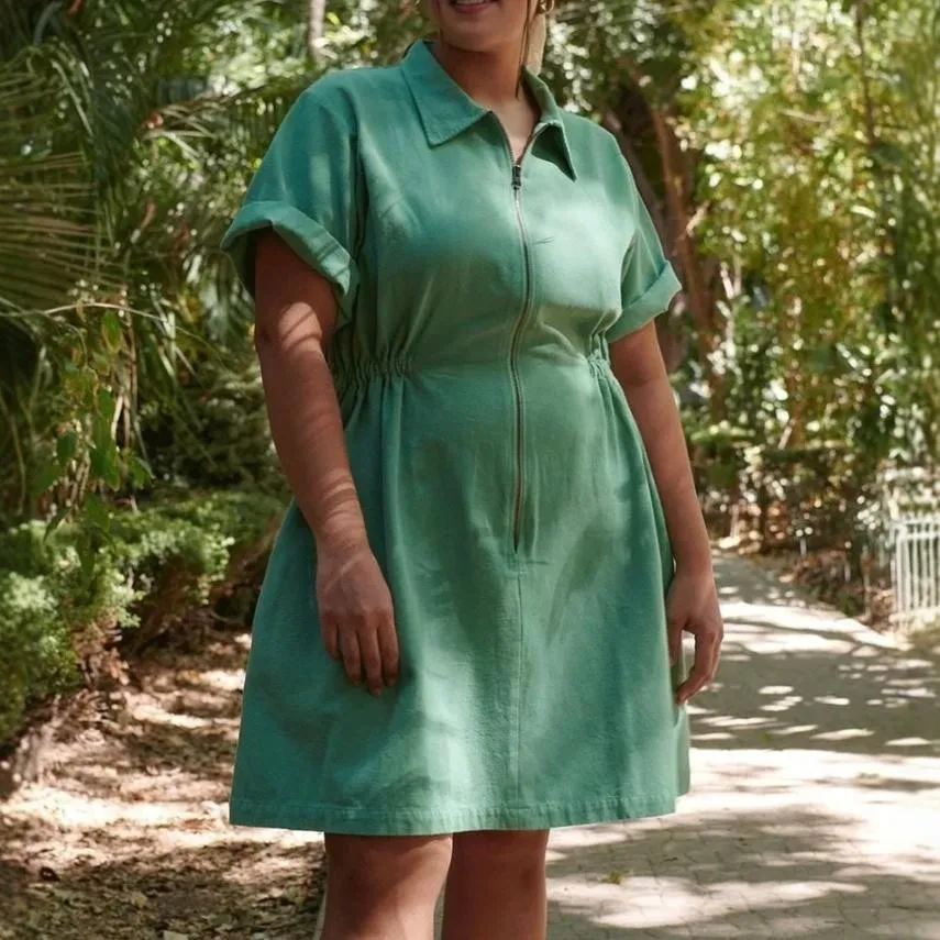 Fashion Solid Colour Short Sleeve Dress Women - Green