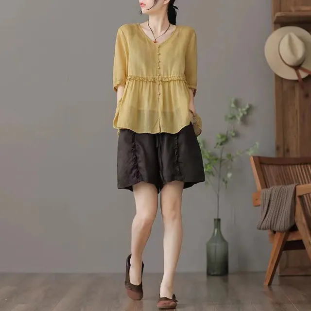 Loose V neck Half Sleeve Cotton Linen Shirt Yellow - Shop at LoveMi