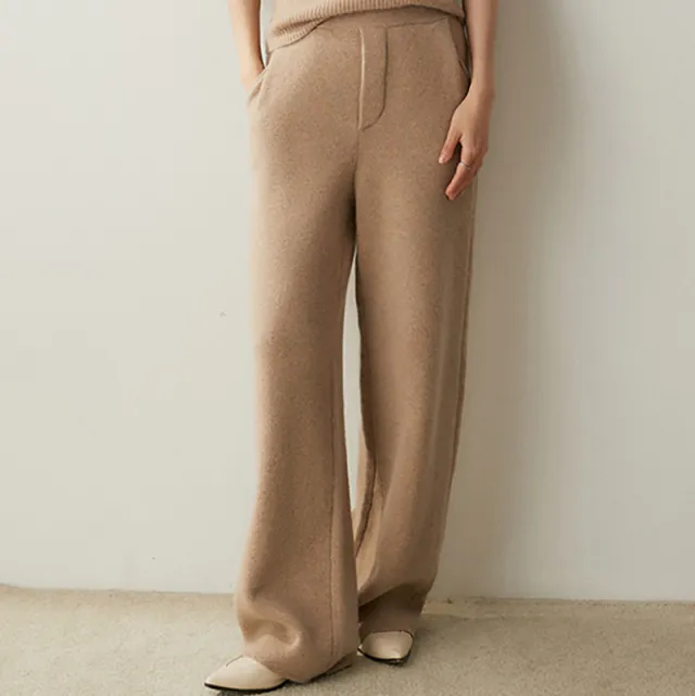 Thick, Draping Straight leg Figure flattering High waisted Knitted Cashmere Wide leg Pants For Women Elegant Camel - Shop at LoveMi