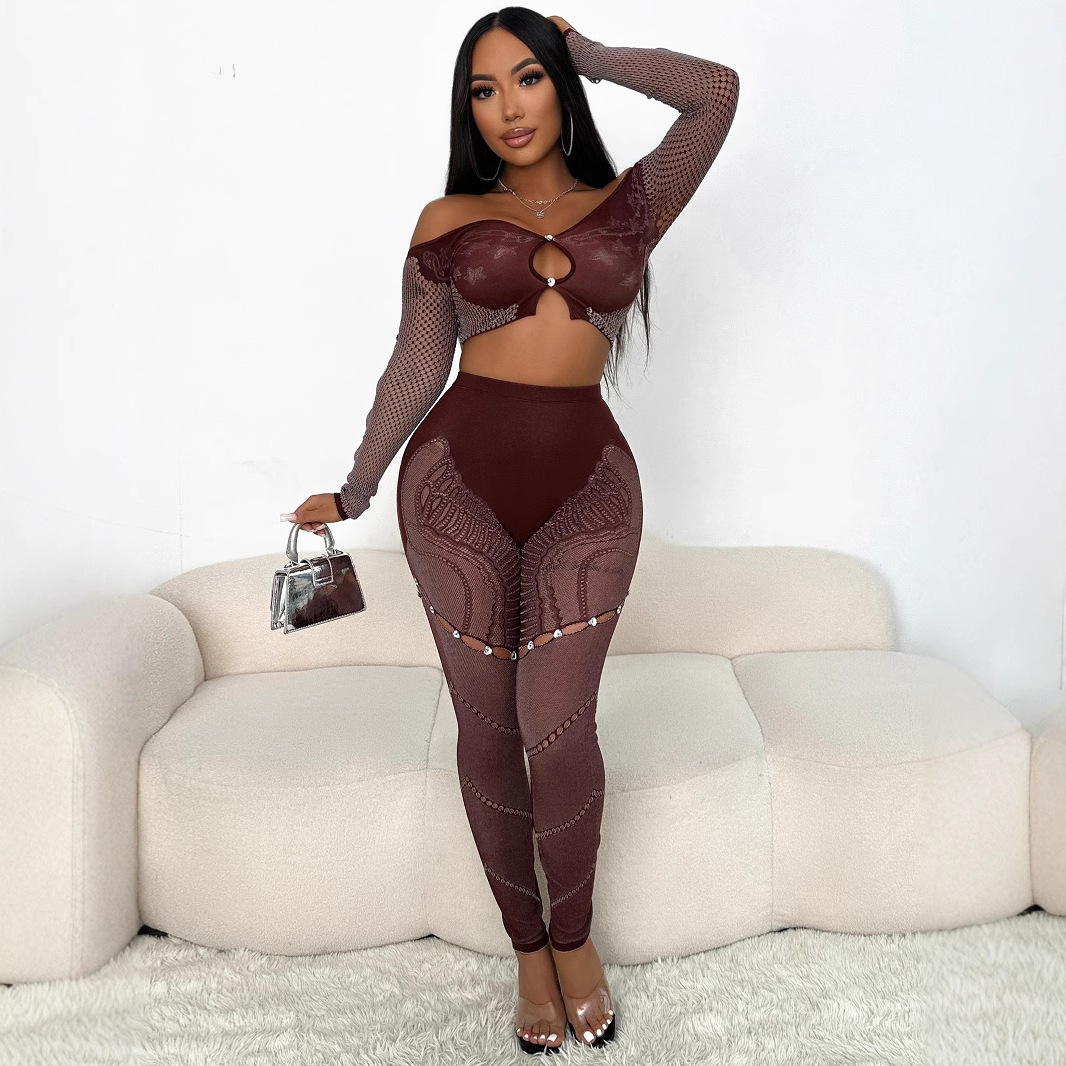 Off-shoulder Long Sleeves Cropped Top Slim Trousers Knitted