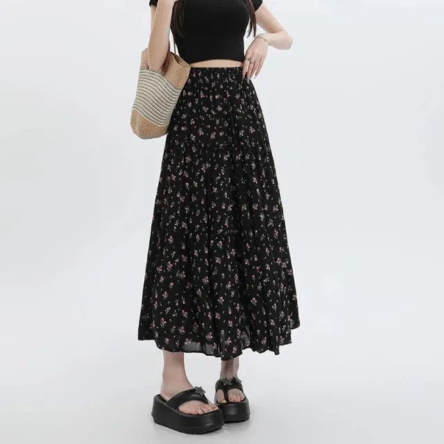 Chiffon Floral Long Dress High Waist Umbrella Skirt A Line Skirt Black - Shop at LoveMi