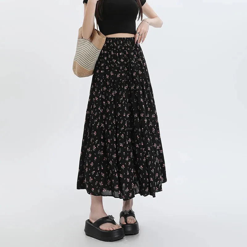 Chiffon Floral Long Dress High Waist Umbrella Skirt A- Line Skirt - Black