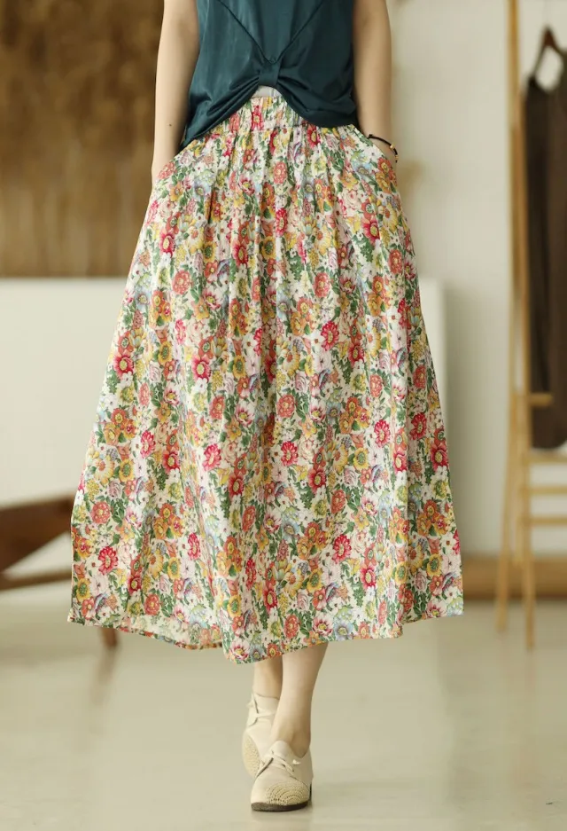 High Waist Retro Printed A Line Loose Floral Skirt Yellow - Shop at LoveMi