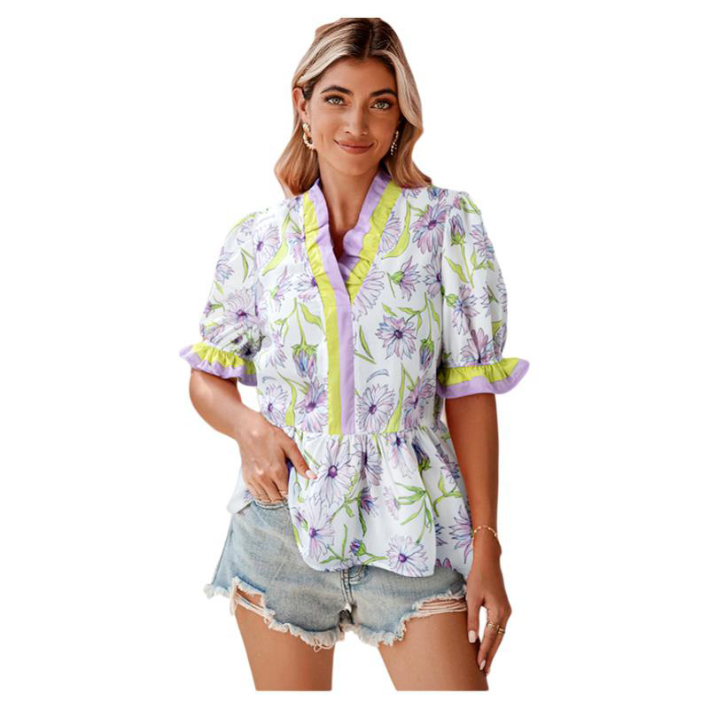 Fashion Floral Ruffled Half Sleeve T shirt For Women Floral - Shop at LoveMi