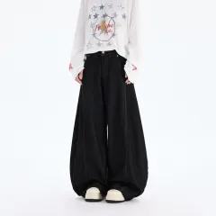 American Cowboy Loose Straight Wide-leg Pants - Black - View 1